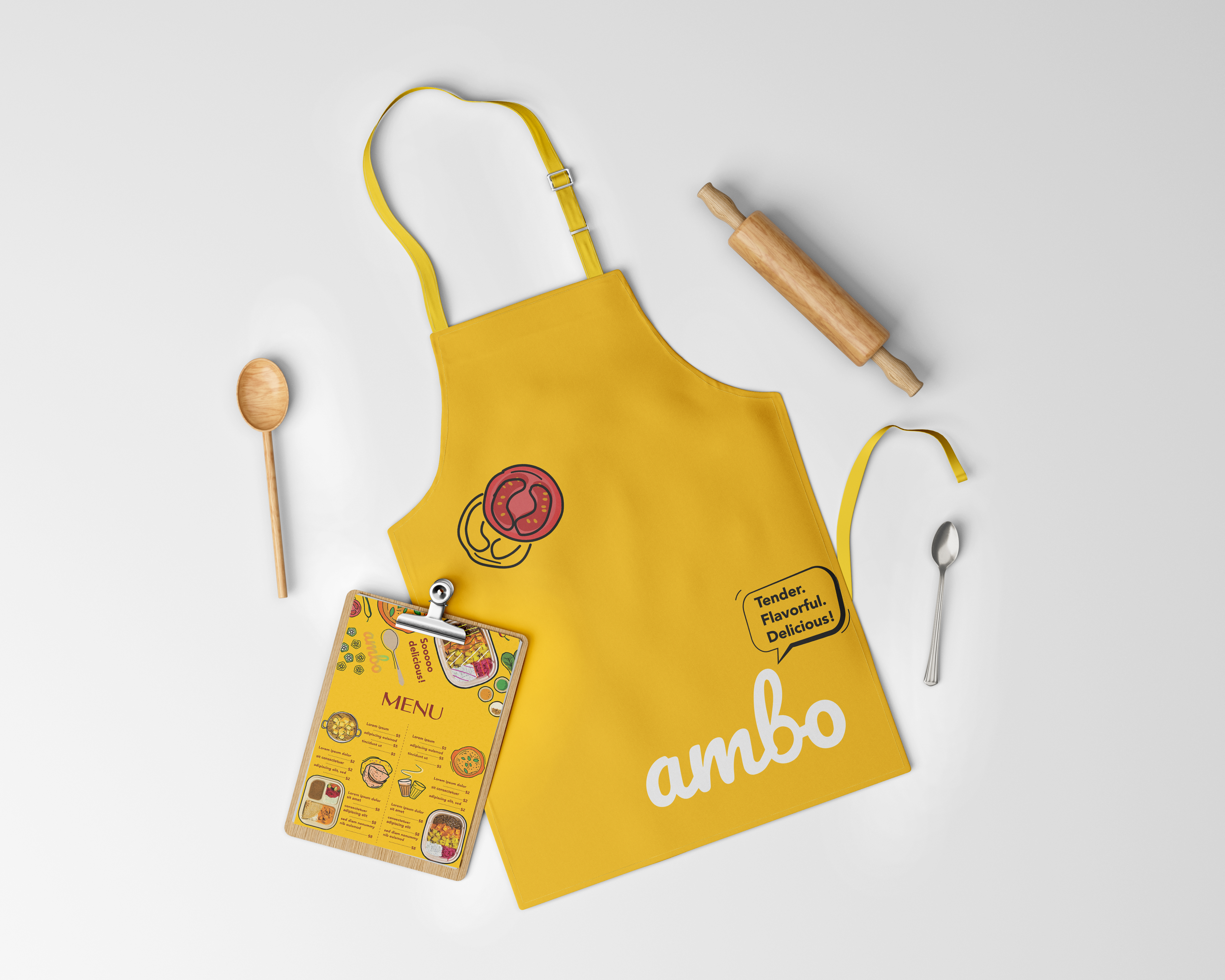 Ambo apron, menu board and utensils flat lay